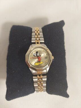 Vintage 1980;s Disney SII Mickey Mouse Watch Bezel Time & Date Gold Silver Link